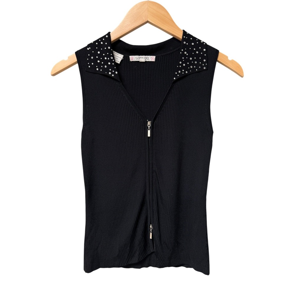 Vintage Lou Top Women S Black Rhinestone Collar Ribbed Two Way Zip Y2K Glam Chic